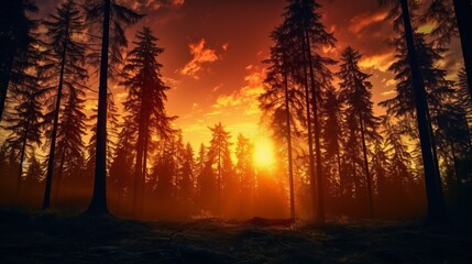 Sunset silhouette. A panoramic silhouette of the forest against the background of warm shades of the setting sun