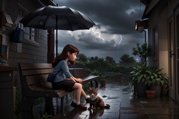 woman/girl sitting on a bench in the city in a dark rainy weather 