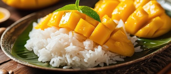 Thai sticky rice steamed for cooking, served with mango, a Northeastern Thai delicacy.