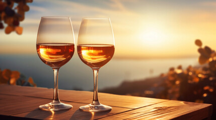 Two glasses of rose wine on an outdoor table with a sea view at sunset.