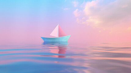 A delicate pastel blue origami paper boat floating on serene pink-hued water under a soft dusk sky.