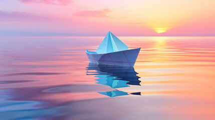 A solitary paper boat floats on calm waters with a picturesque sunset horizon.