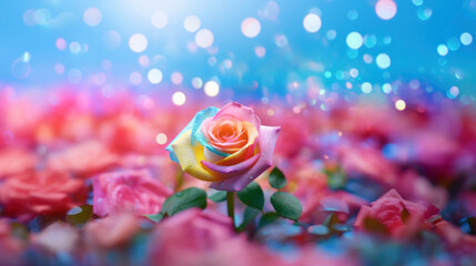 Fototapeta premium A single rainbow rose stands out with its vibrant colors against a dreamy backdrop of sparkling bokeh lights.