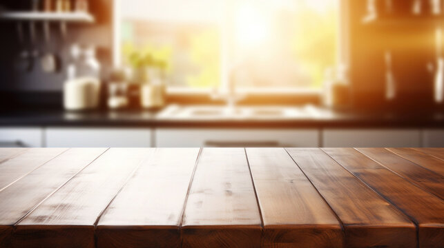 An empty wooden table provides a natural, rustic surface with a bright, blurred kitchen background, suggestive of a cozy home environment.