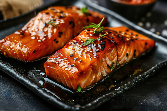 Teriyaki salmon fillet baked in an oven served on a black plate with lime wedges on a concrete table, horizontal view from above. Image for the menu