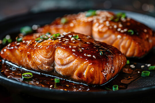 Teriyaki Salmon Fillet Baked In An Oven Served On A Black Plate With Lime Wedges On A Concrete Table, Horizontal View From Above. Image For The Menu