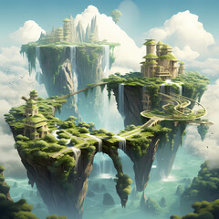 Surreal landscape with floating islands and a cascading waterfall.