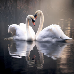 Swans gracefully gliding across the mirrored surface of a calm pond.
