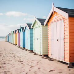 Row of beach huts in pastel colors lining a sandy beach.