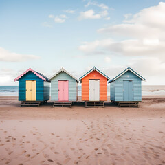 Fototapeta na wymiar Row of beach huts in pastel colors lining a sandy beach.