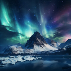 Snow-covered mountain peak under the mesmerizing northern lights.
