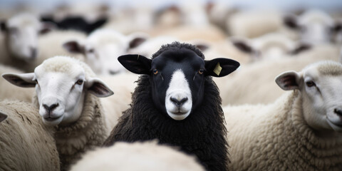 Fototapeta premium Black sheep among white sheep drove, difference , unique ,leader concept.