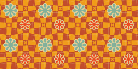 A groovy style seamless pattern with a hippie flower aesthetic design and checkered vector background. Print surface for textiles, wrapping, and webs.