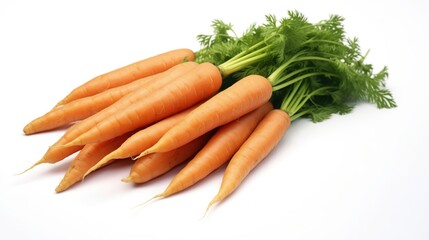 Fresh, vibrant carrots with leafy tops on a clean white background