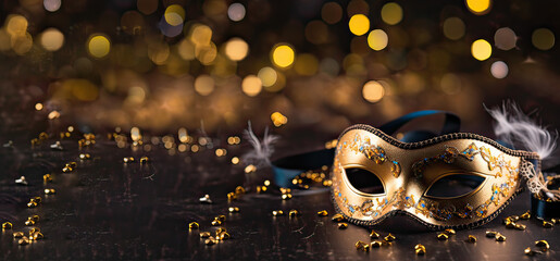Luxury carnival Mask with golden glitter, glister , for a carnival Festival - obrazy, fototapety, plakaty