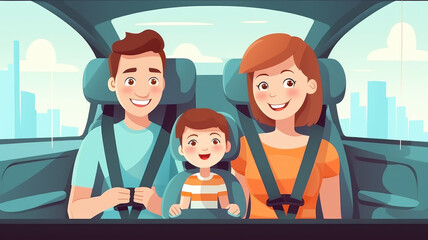 Family are in car is fasten seat blet for safety , Safety on road campaign awareness, a Safety first