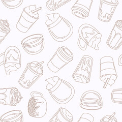Coffee drinks seamless pattern in line art style. Coffee shop design or cafe background. Vector illustration on a white background.