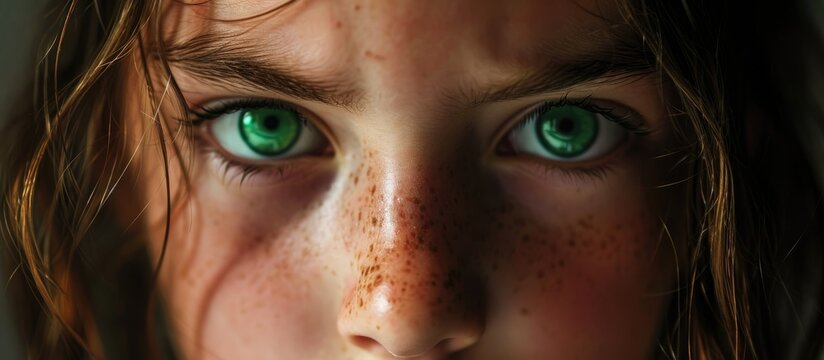 A young girl with emerald eyes, extremely unhappy.
