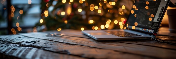 A laptop on a wooden table with a decorated Christmas tree on the background. Holiday Christmas background - obrazy, fototapety, plakaty