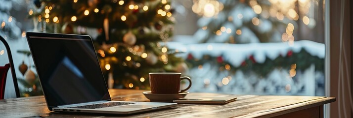 A laptop on a wooden table with a decorated Christmas tree on the background. Holiday Christmas background