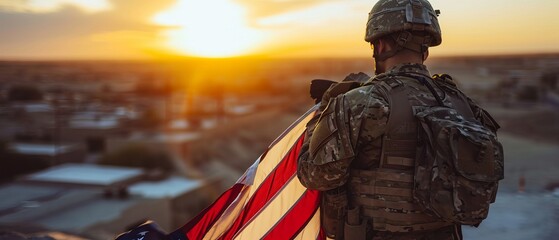 A soldier proudly holding an American flag looks at the sunset. Concept of patriotism