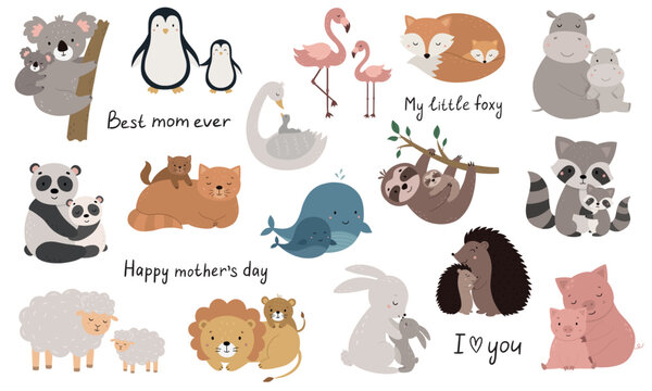 A set of animals with children. Cute animal moms. Happy Mother's Day. Cartoon characters hug babies.