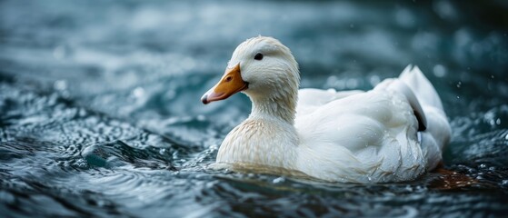 A white duck floats peacefully on the water. Carefree and calm concept