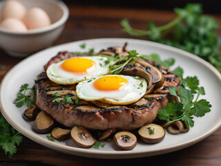 grilled meat topped with parsley, mushroom, and egg