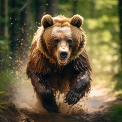 Obraz premium Big brown bear runs in the forest in summer, looks at the camera