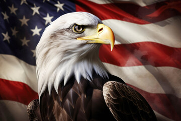 Bald eagle against the background of the flag of the United States of America