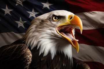 Bald eagle screams against the background of the flag of the United States of America
