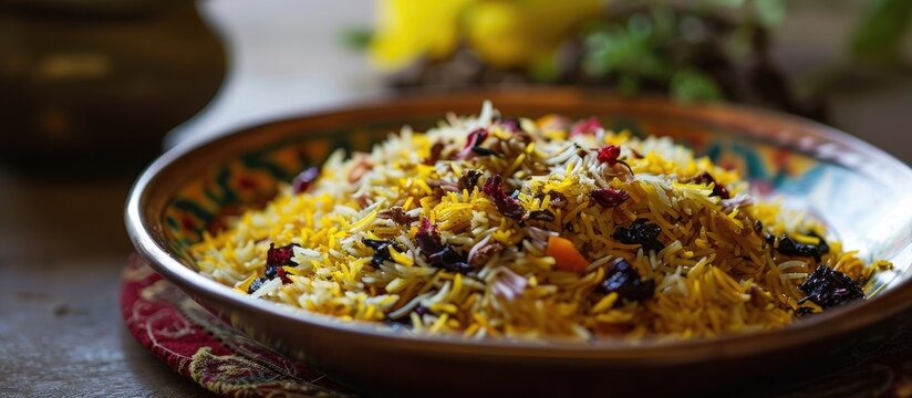 Kashmiri pulao: Basmati rice cooked with spices, saffron, and dry fruits.