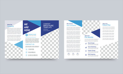 Creative tri fold brochure template. The template is blue color with Triangle shape. Design for printing and advertising.
