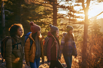group of kids walking in the woods wearing backpacks - obrazy, fototapety, plakaty