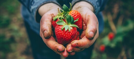 Person holding strawberry.