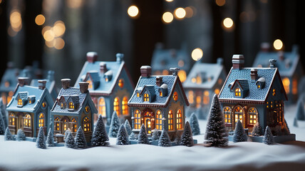Enchanted winter villages, snow-covered cottages, festive miniature towns, Christmas Eve snow scenes, lit cozy houses, Generative AI