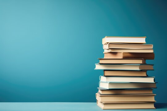 Vibrant blue background with neatly stacked books arranged vertically. Sharp focus captures the bold shades and striking contrast of spines in various colors and sizes