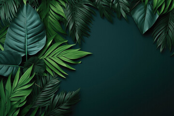 Tropical leaves on green background, flat lay. Space for text