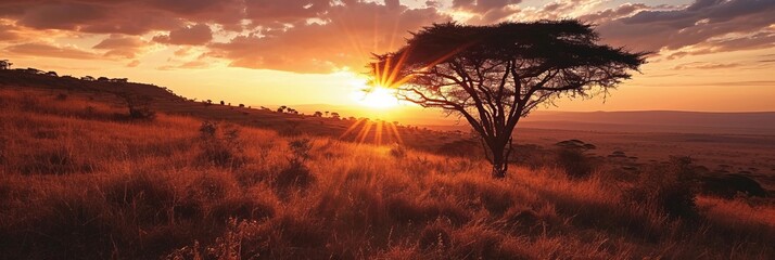 Sunrise in Kenya. Sky is a bright palette of warm shades. Breathtaking picturesque scenery on the...