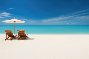 Beach chairs and umbrella on white sand beach with turquoise sea