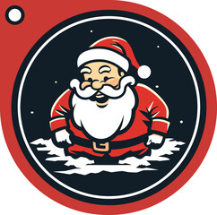 Merry Santa on red background, logo, sticker, label, vector illustration