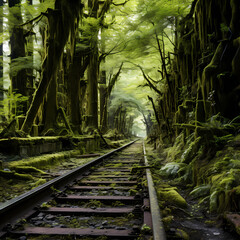 Train tracks vanishing into an ancient forest with moss-covered trees.