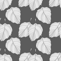 Seamless pattern with lined outlines of tree leaves. Gray and white design. Print, textile, pattern, vector