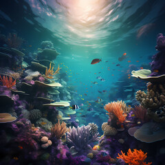 Naklejka na ściany i meble Underwater scene with diverse marine life and vibrant coral reefs.