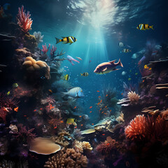 Fototapeta na wymiar Underwater scene with diverse marine life and vibrant coral reefs.