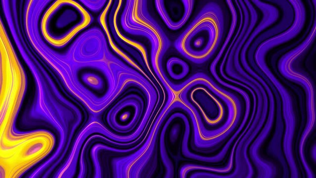 Purple smooth, flowing, plastic liquid marble background. Abstract bright purple and acid yellow accents. Ink, ripple, watercolor pattern, design. Wavy, psychedelic. Painting, color mix. Looped, 4k