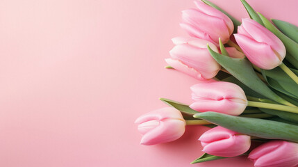 Bouquet of pink tulips on a pink background, copy space