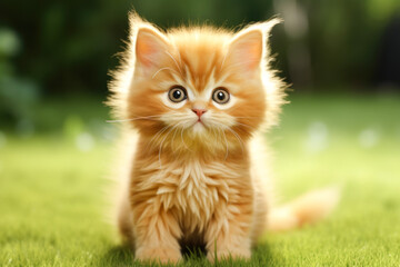 Naklejka na ściany i meble Cute kitten on green lawn with flowers