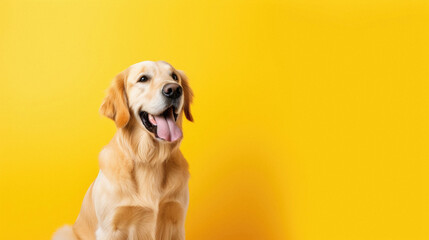 Cute golden retriever dog on yellow background. Copy space .