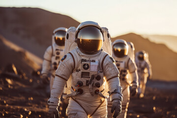 Group of astronauts exploring unknown planet. People wearing space suits walking on mountain landscape. Space travel and colonization concept - Powered by Adobe